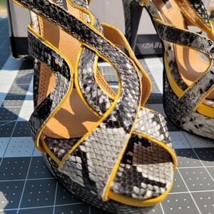 Snakeskin Strappy Heels with Yellow Accents